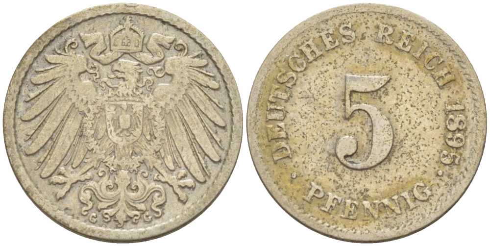 ГЕРМАНИЯ 5 ПФЕННИГОВ 1895 G KM 11, J. 12, Weege 6 медно-никель 206-916