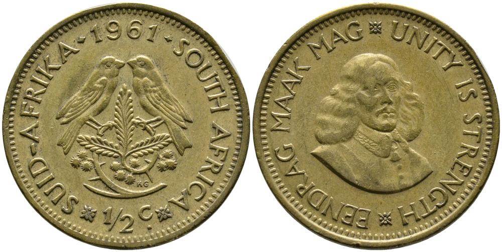 ЮАР 1/2 ЦЕНТА 1961 ЯН ВАН РИБЕК (1619-1677), ГОЛЛАНДСКИЙ ИССЛЕДОВАТЕЛЬ, ДВЕ ПТИЧКИ KM 56 латунь 3336-1252