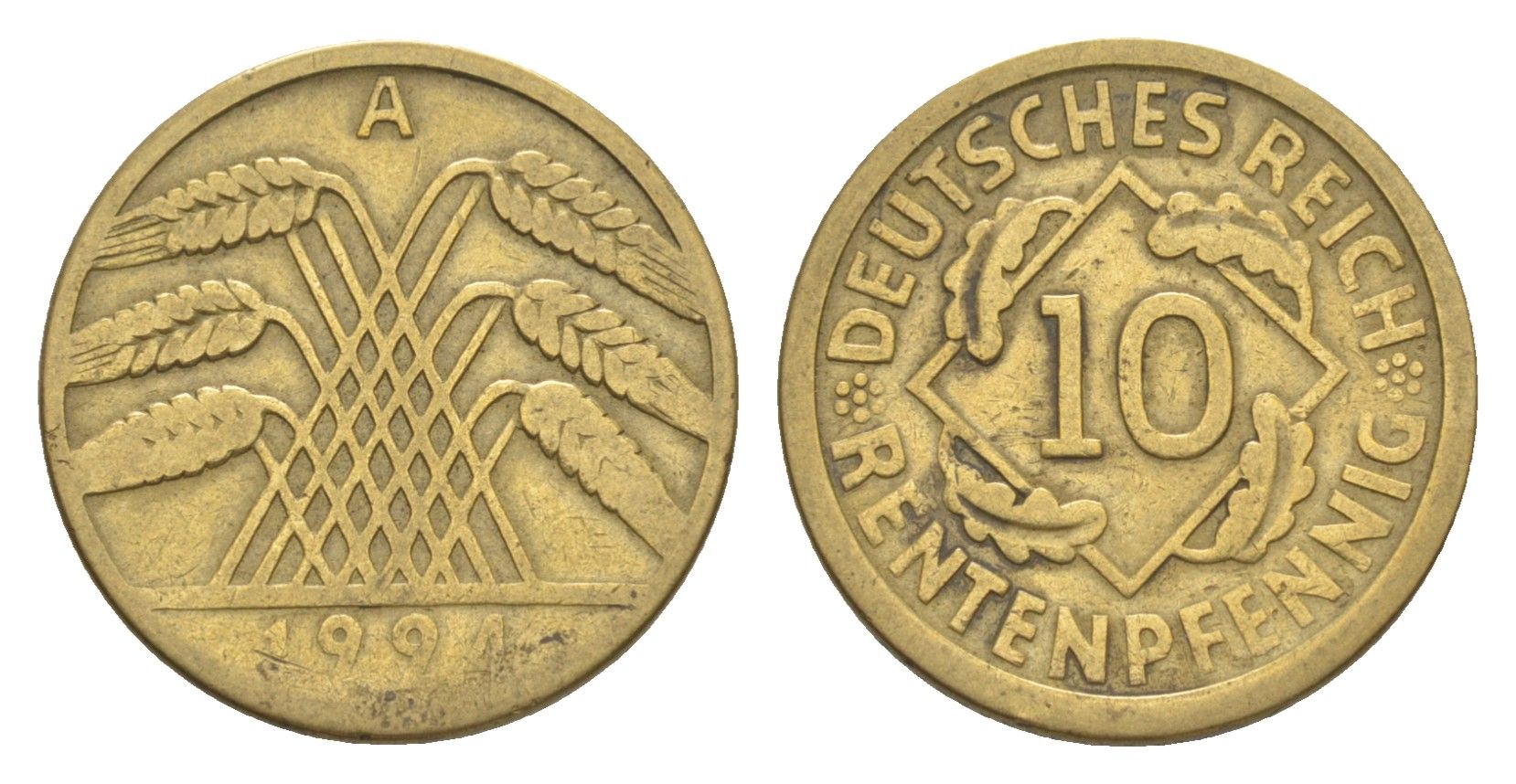 Германия 10 рентенпфеннигов 1924 A KM 33, J. 309 алюминиевая бронза 4644-1223