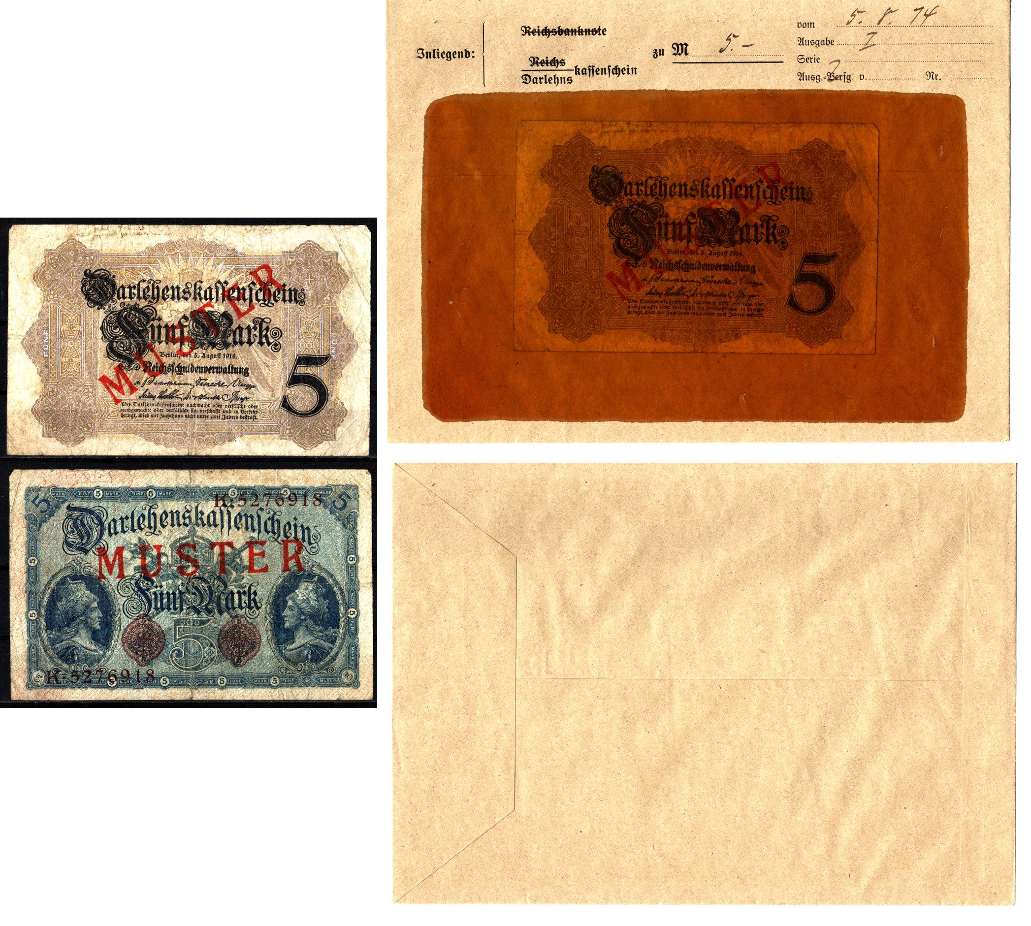 Германия 5 марок 1914 5 августа, MUSTER, образец, Specimen. В оригинальном банковском конверте. Из коллекции Отто Сейфферта (помощник Ялмара Шахта - министра экономики Германии и президента Рейхсбанка времен третьего рейха) Pick 47 s, Grabowski DEU 54 a б
