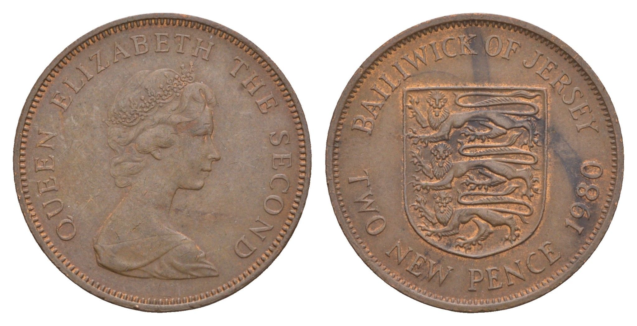 Джерси 2 новых пенса 1980 герб, Елизавета II (1952-2022) KM 31 бронза    4660-213
