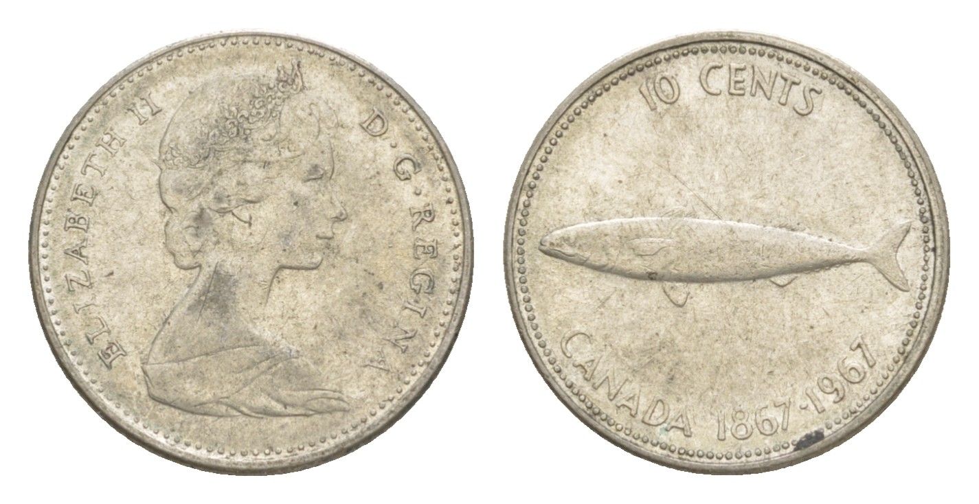 Канада 10 центов 1967 рыба, 100 лет Конфедерации Канада, Ссеребро 0.800, вес 2,3 гр, диаметр 18,3 мм KM 67 серебро 4639-617