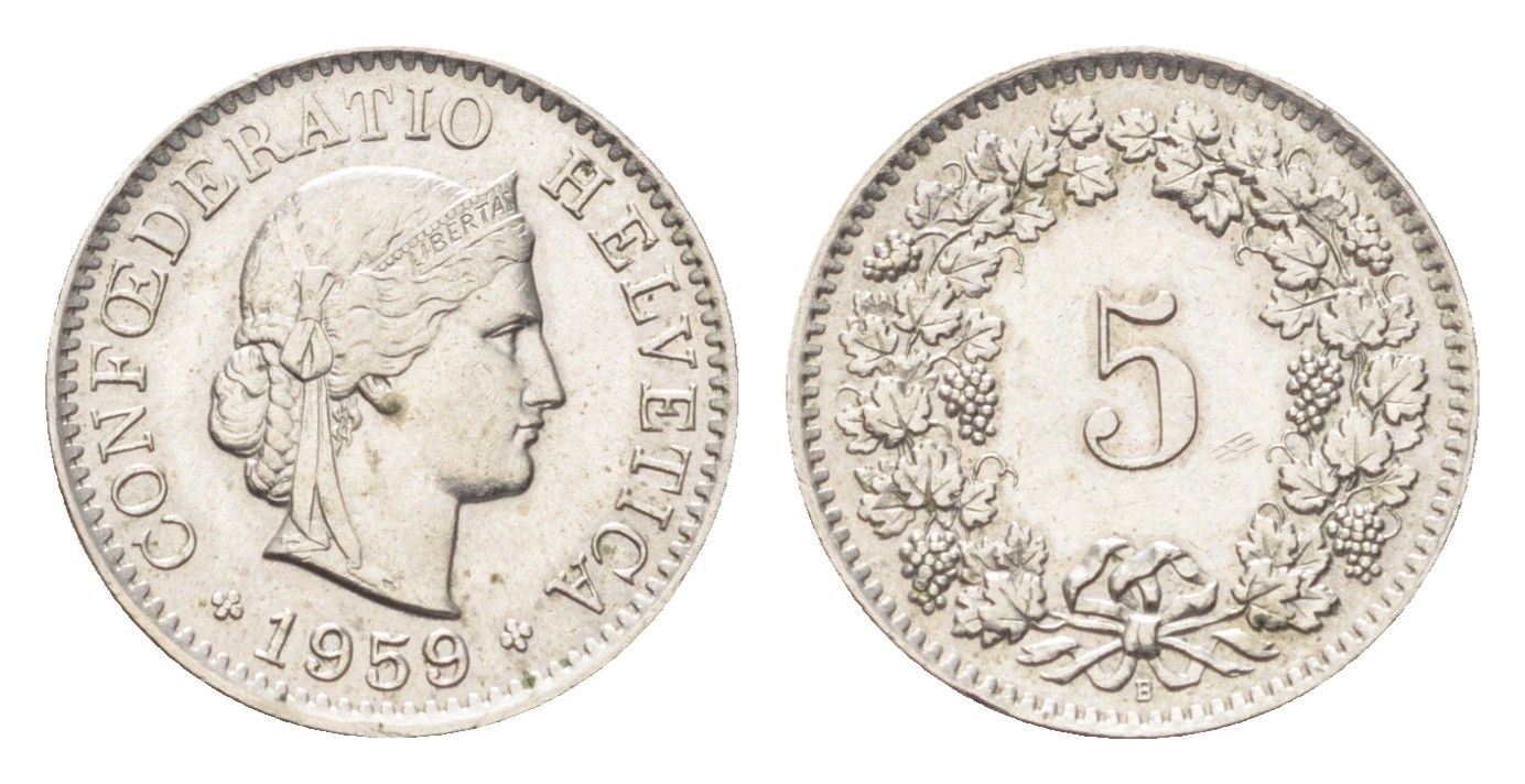 Швейцария 5 раппенов 1959 B KM 26 медно-никель 4705-851