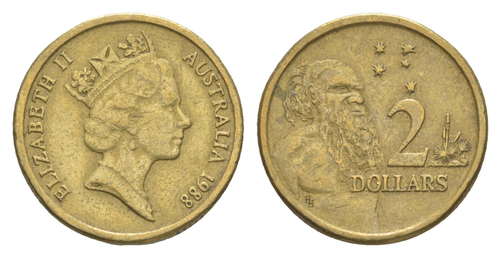 Австралия 2 доллара 1988 абориген, Елизавета II (1952-2022) KM 101 алюминиевая бронза 4652-234