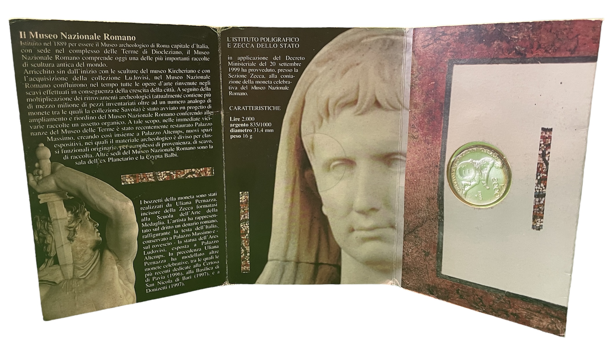 Италия 2000 лир 1999 античность, национальный музей KM 202 серебро UNC 1-4-4-09