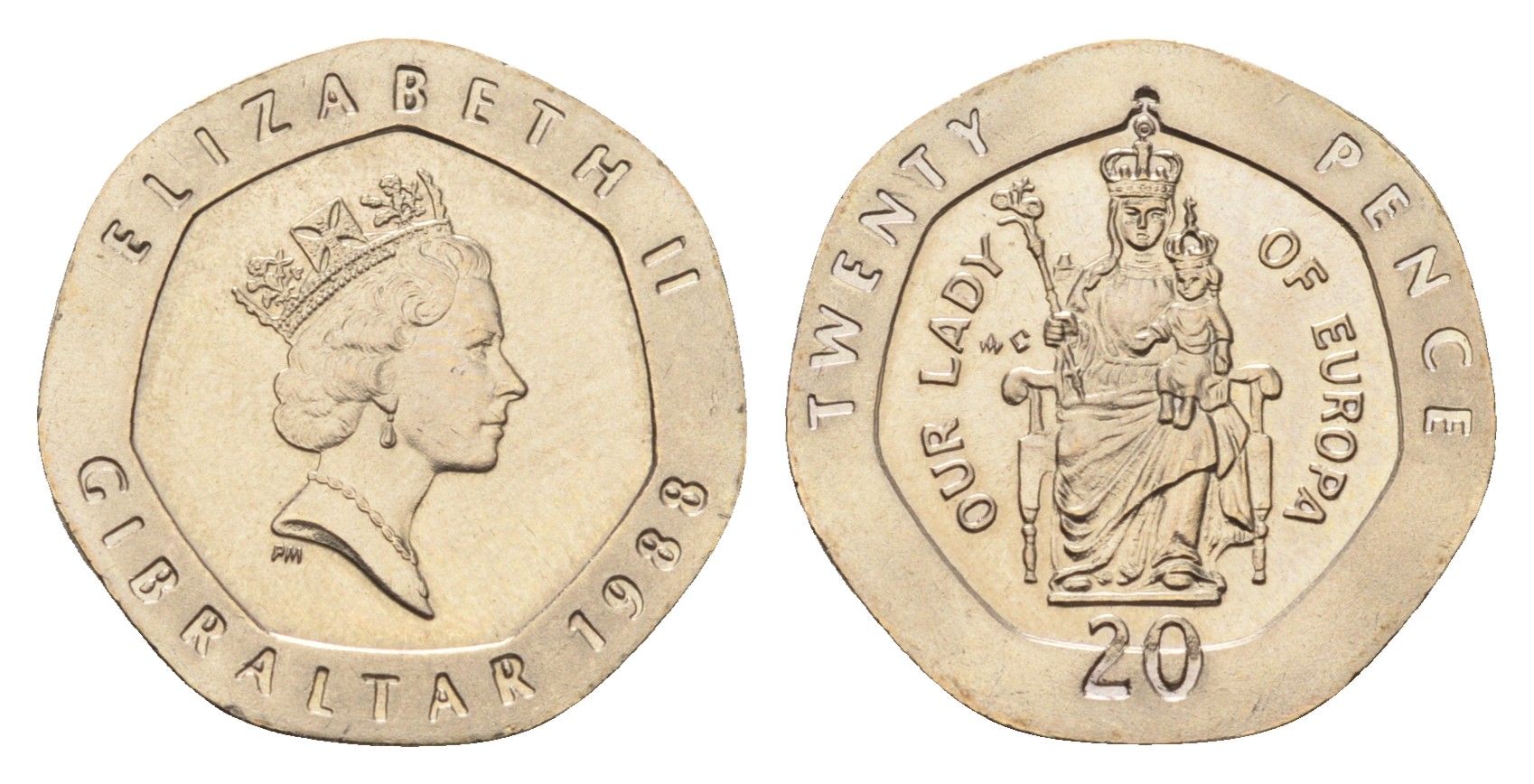 Гибралтар 20 пенсов 1988 KM 16 медно-никель UNC 4668-524