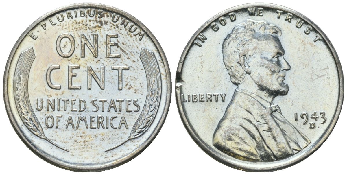 США 1 цент 1943 D, Авраам Линкольн KM 132 a сталь покрытая цинком aUNC 112-528