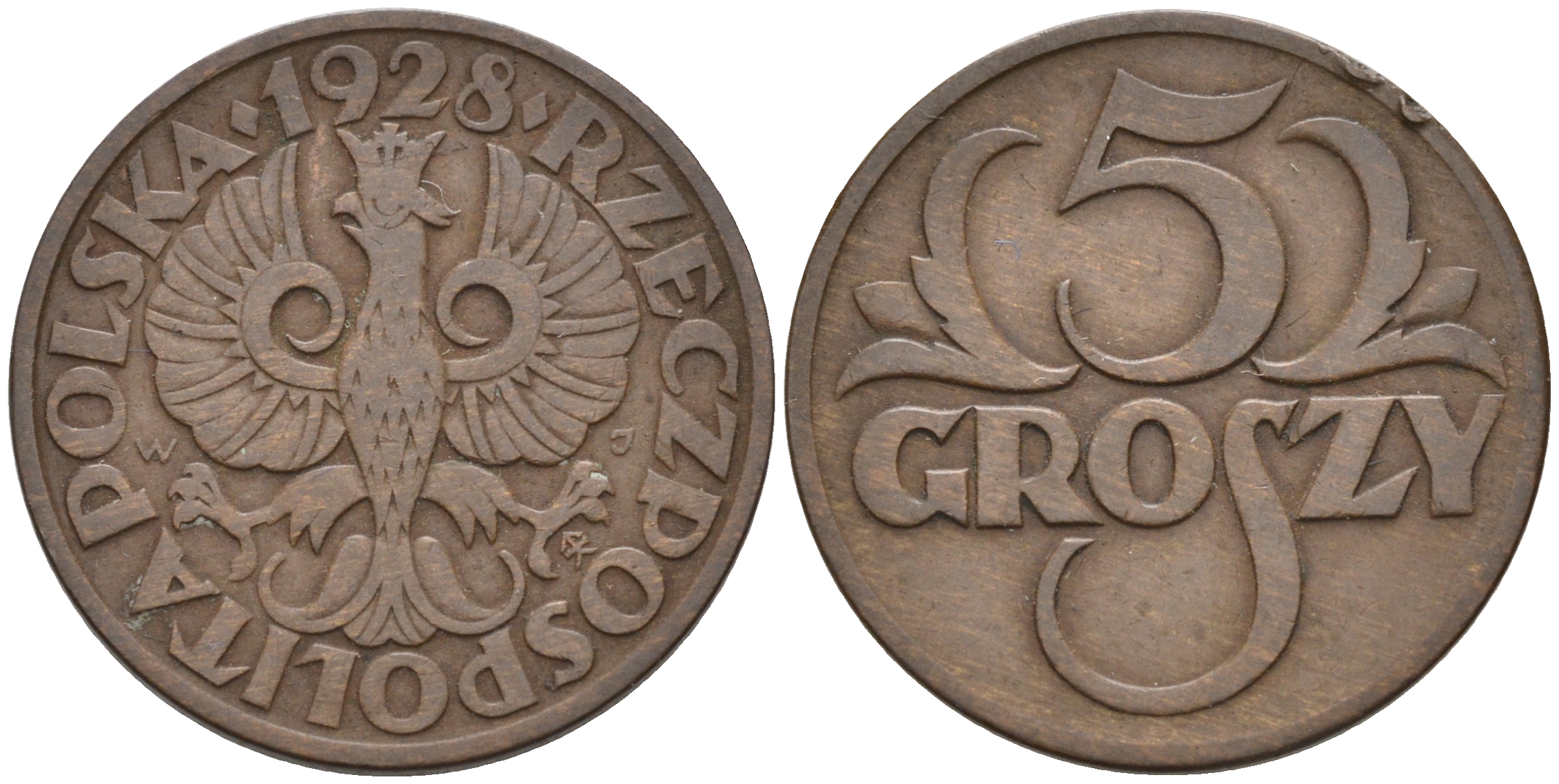 ПОЛЬША 5 ГРОШЕЙ 1928 w KM 10а бронза 4561-937