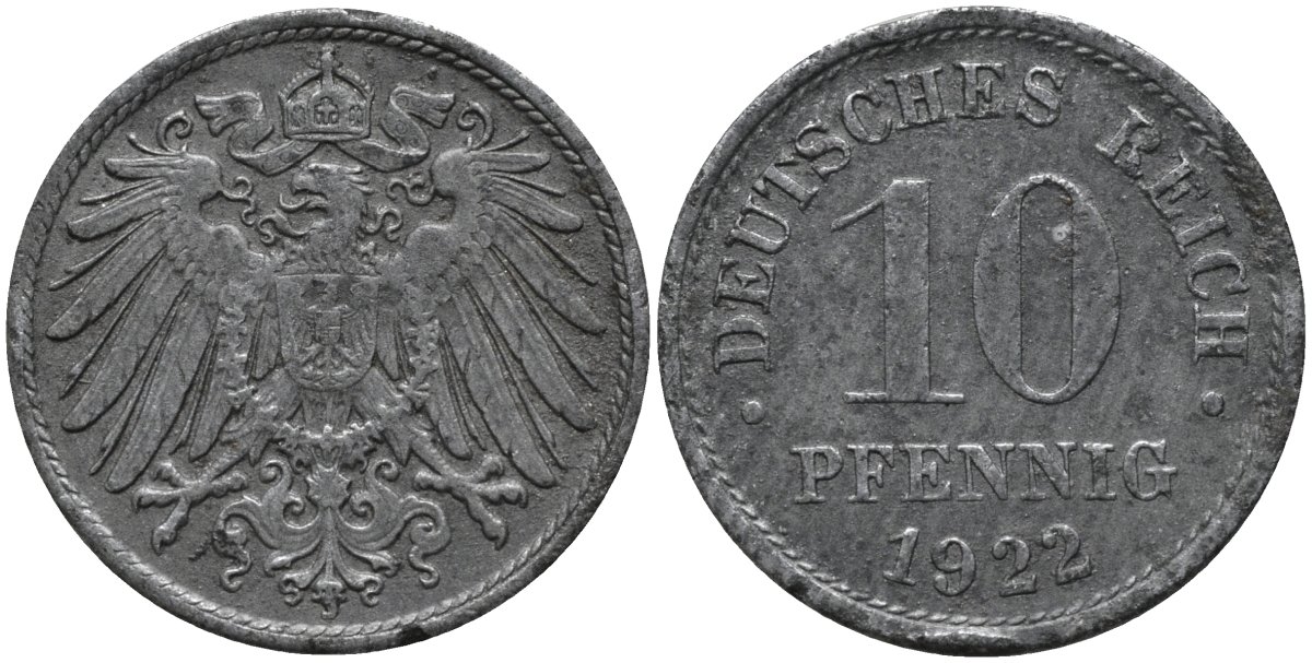 Германия 10 пфеннигов 1922 KM 26, J. 299 цинк 4541-423