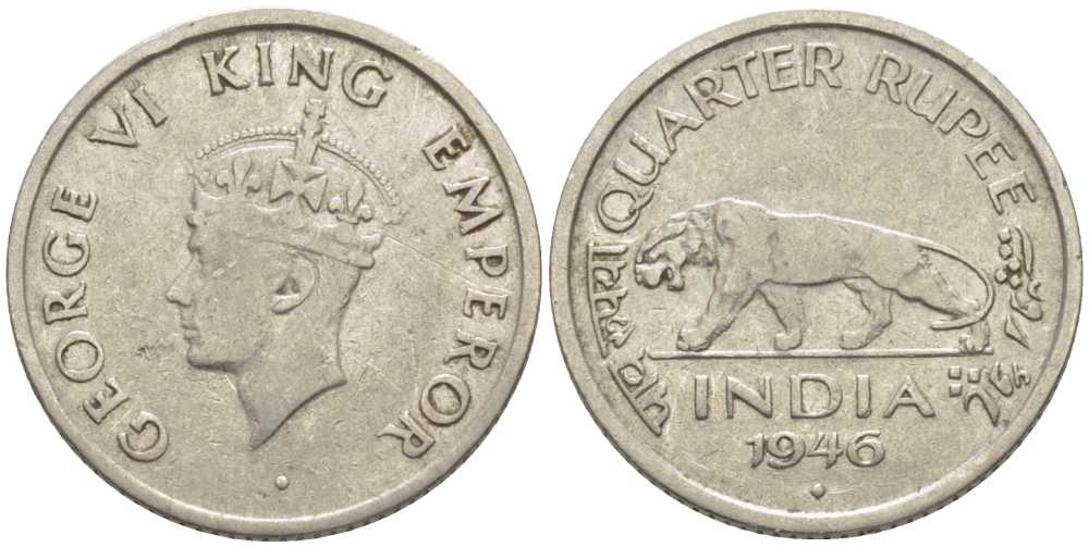 ИНДИЯ БРИТАНСКАЯ 1/4 РУПИИ 1946 ГЕОРГ VI (1936-1952) KM 548 никель 116-926