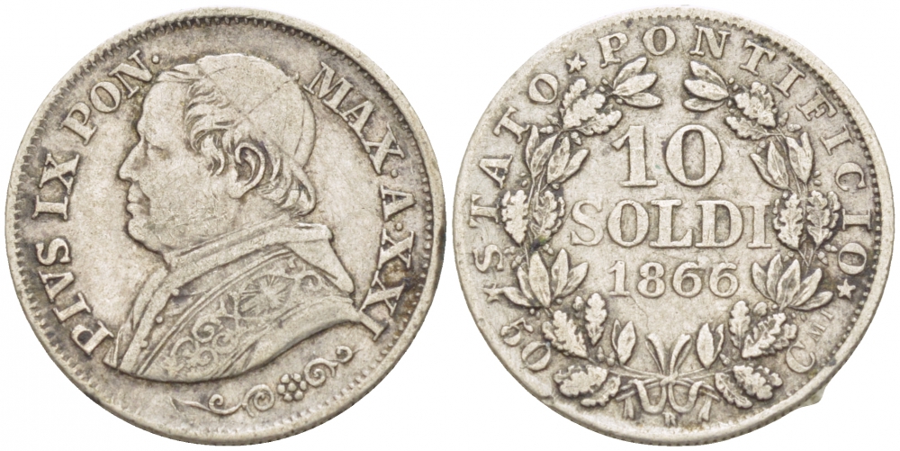ВАТИКАН 10 СОЛЬДИ 1866 R, ГОД XXI, ПАПА ПИЙ IX (1846-1878) , МАЛАЯ ГОЛОВА, ОРНАМЕНТ ПОД БЮСТОМ KM 1376 серебро 1515-325