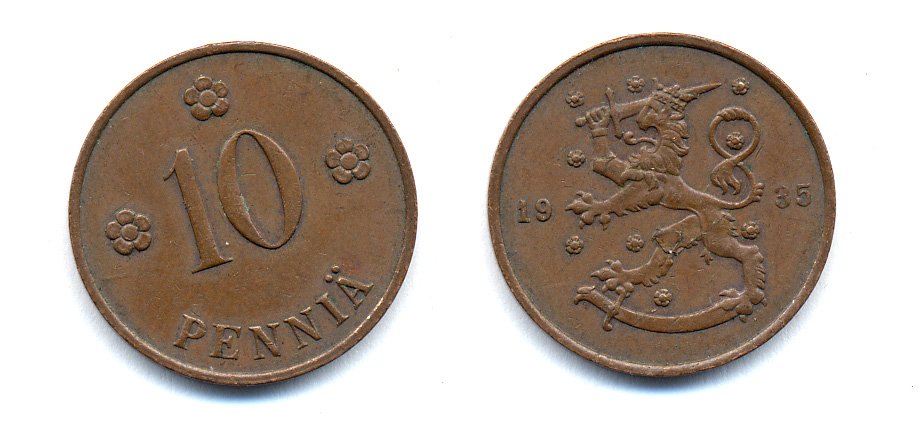 Финляндия 10 пенни 1935 республика (1918-1962) KM 24 медь 51-5447