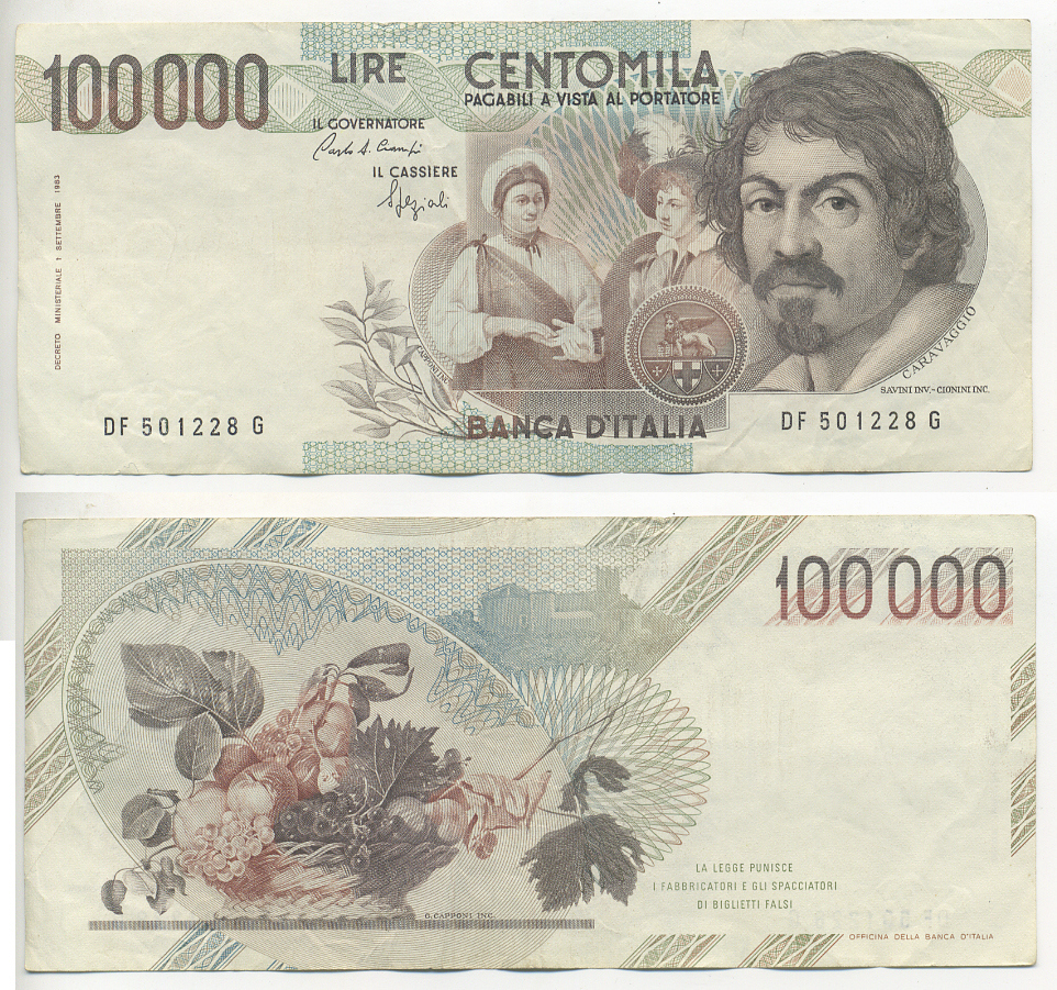 Италия 100000 лир 1983 Караваджо, фруктовый букет, подпись Speziali Pick 110b бумага 7220-23-2
