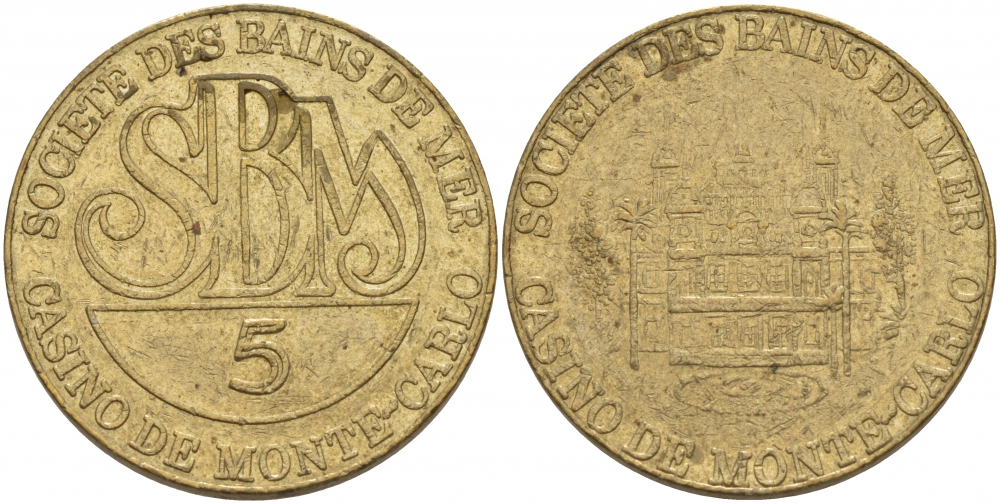 ФРАНЦИЯ ЖЕТОН ИГРОВОЙ ND MONTE-CARLO, CASINO SBM,5 желтый металл 4183-641