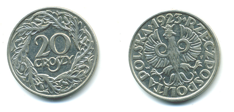 ПОЛЬША 20 ГРОШЕЙ 1923 KM 12 никель 4383-211