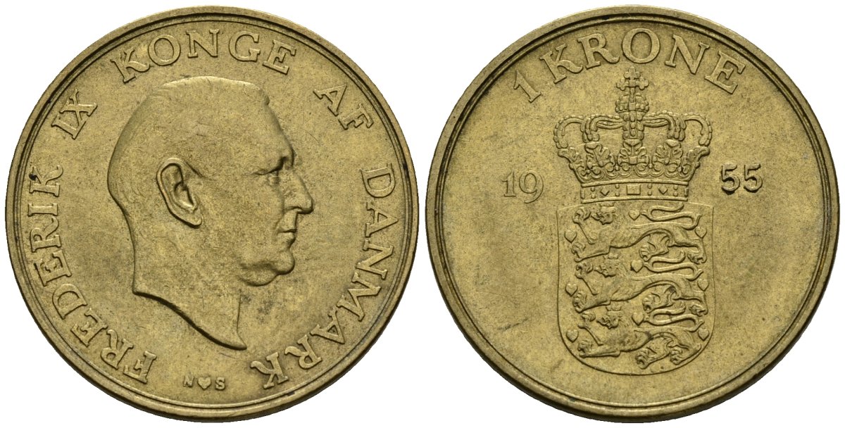 Дания 1 крона 1955 Фредерик IX (1947-1972) KM 837 алюминиевая бронза 4148-256