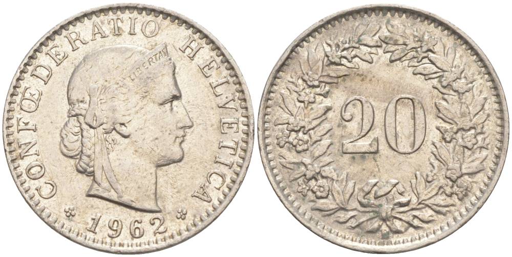 Швейцария 20 раппенов 1962 В KM 29a медно-никель 55-813