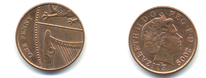 Великобритания 1 пенни 2009 Елизавета II (1952-2022) KM 1107, Spink B6 сталь плакированная медью 177-1154