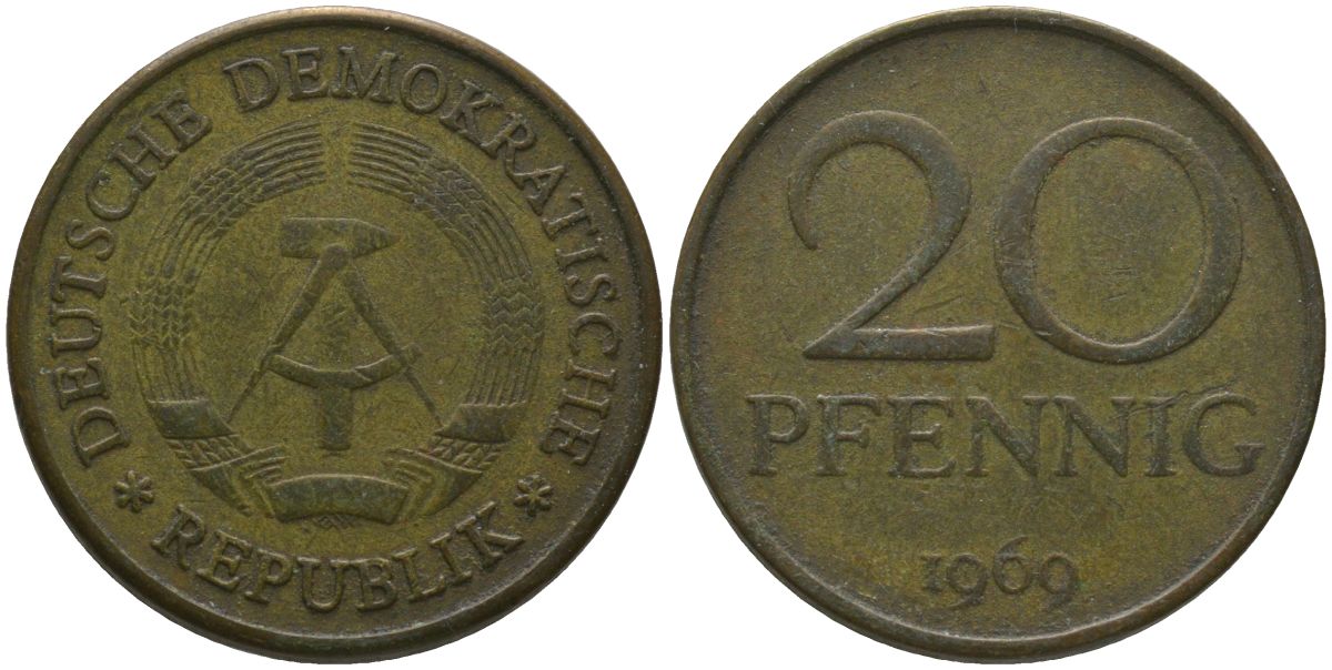 ГДР 20 пфеннигов 1969 первый год KM 11 латунь 186-943