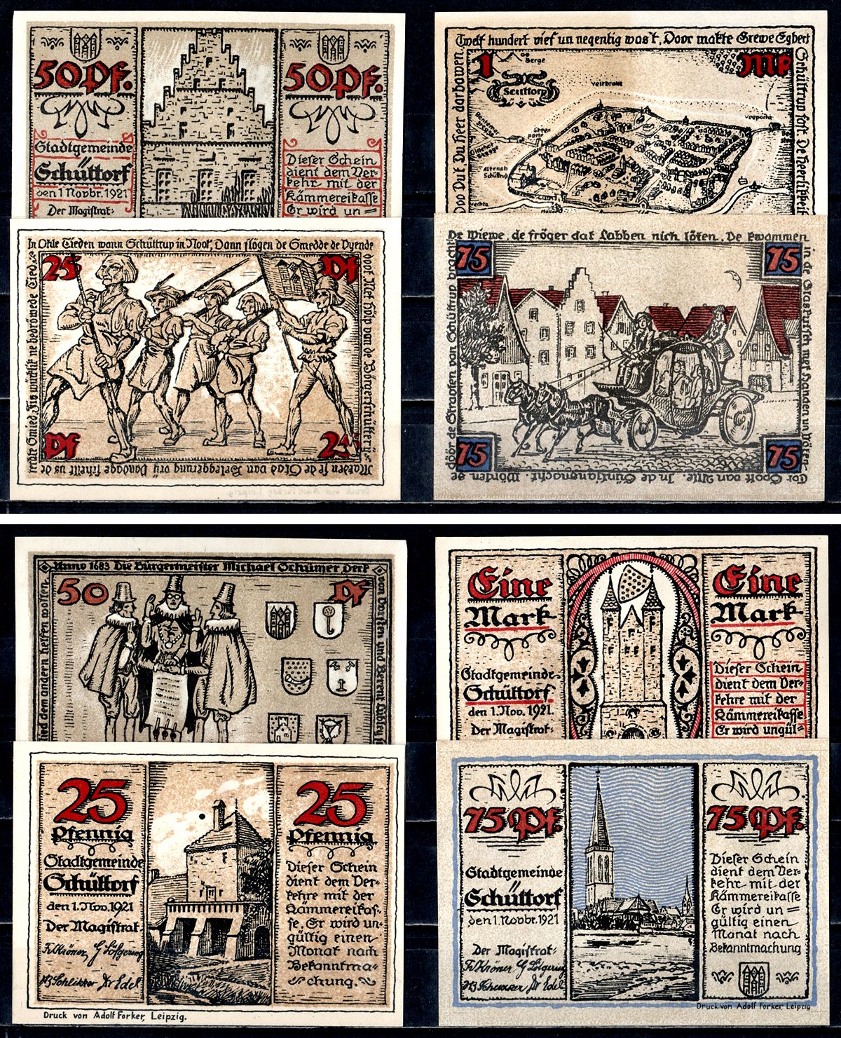 Шютторф (Пруссия, Ганновер) полный набор из 4 нотгельдов (25, 50 и 75 пфеннигов; 1 марка) 1921 Mehl Grabowski 1202.1 бумага UNC (пресс) 7556-61-2-1