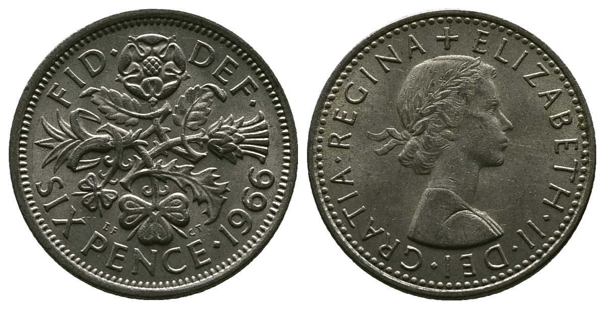 Великобритания 6 пенсов 1966 Елизавета II (1952-2022) KM 903, Spink 4149 медно-никель 4381-846
