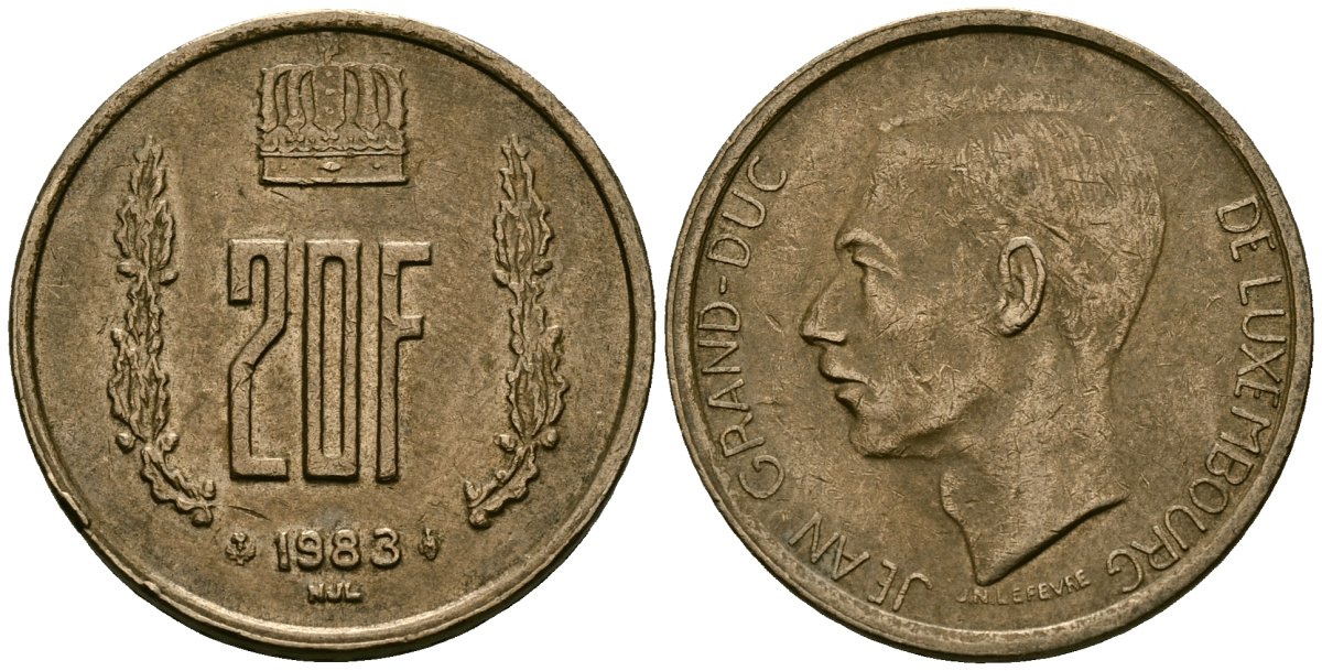 Люксембург 20 франков 1983 герцог Жан (1964-2000) KM 58 алюминиевая бронза 4120-826
