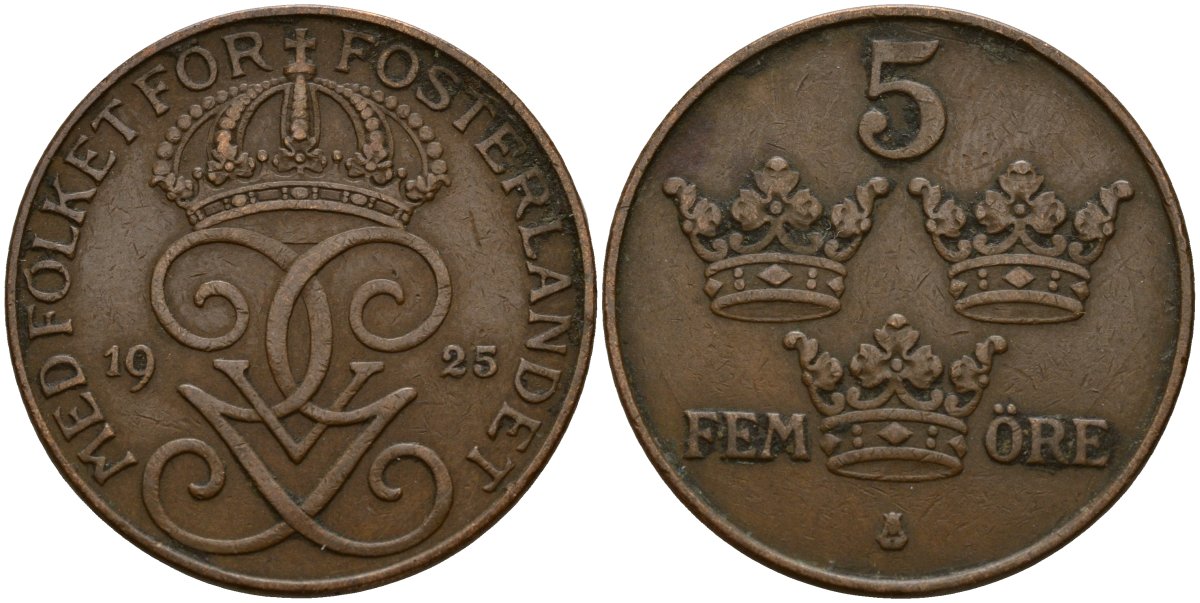 Швеция 5 эре 1925 Густав V (1907-1950) KM 779.2 бронза 4187-852