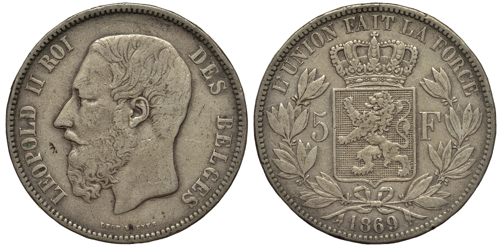 Бельгия 5 франков 1869 Леопольд II (1865-1909) KM 24 серебро    1530-1311