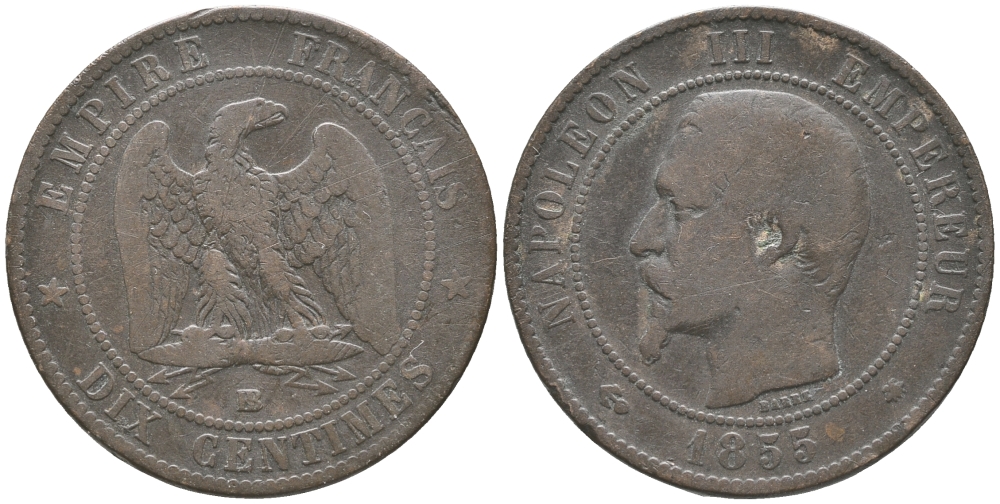 ФРАНЦИЯ 10 САНТИМОВ 1855 ВВ, НАПОЛЕОН III (1852-1870) KM 771.3, LE FRANC 133.23 бронза 53-714