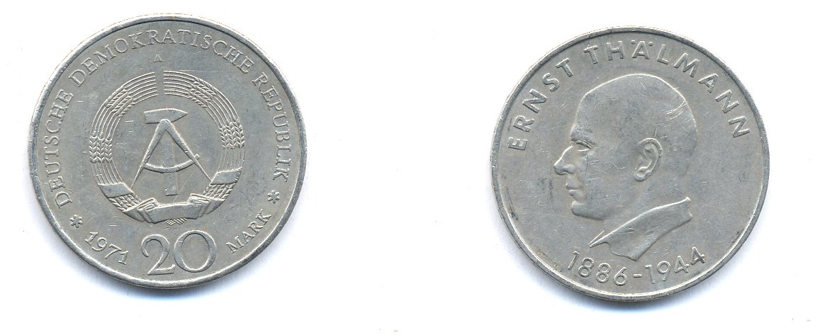 ГДР 20 марок 1971 A, 85 лет со дня рождения Эрнста Тельмана KM 34, J. 1535 медно-никель 3333-526