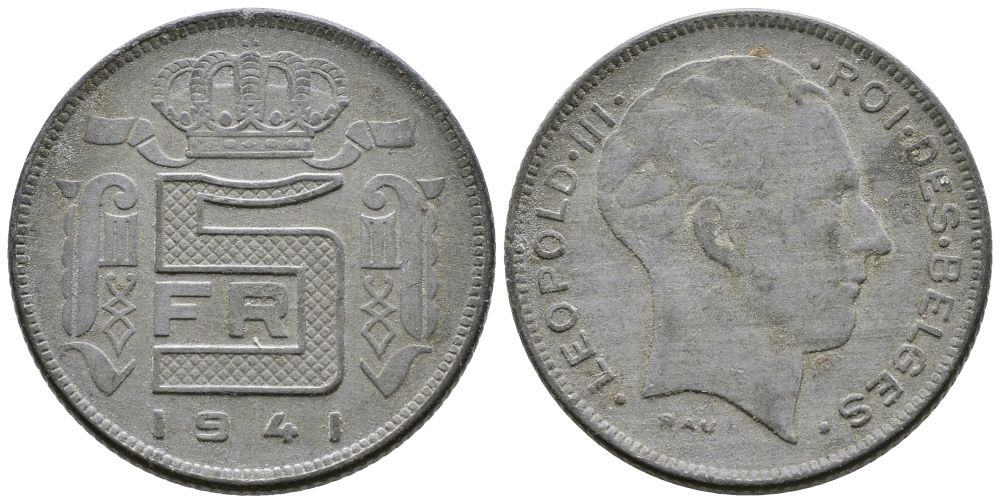 БЕЛЬГИЯ 5 ФРАНКОВ 1941 BELGES, ГЕРМАНСКАЯ ОККУПАЦИЯ, ВТОРАЯ МИРОВАЯ ВОЙНА KM 129.1 цинк 177-1045