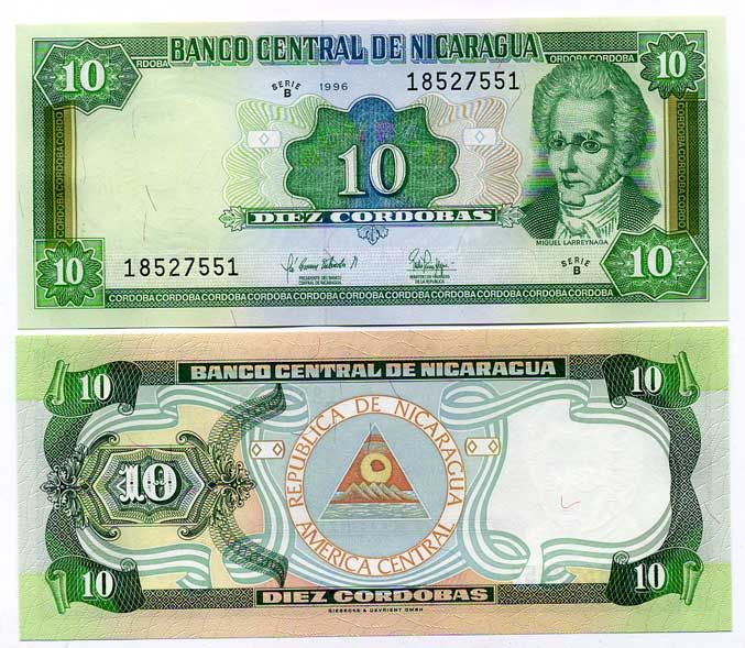 Никарагуа 10 кордоба 1996 серия B, Мигель Ларрейнага Pick 181 бумага UNC (пресс) 447-70-4-2