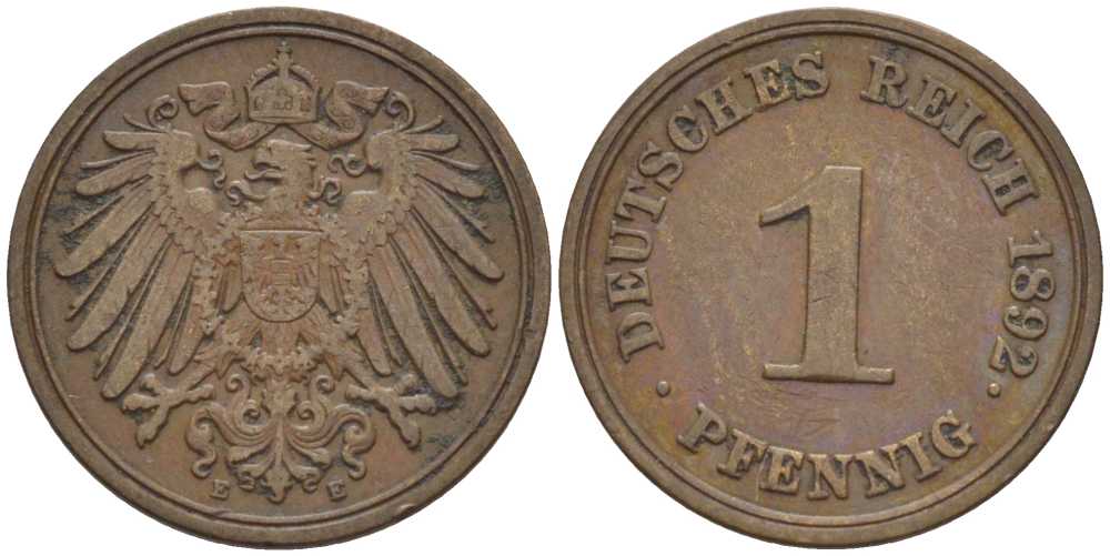 ГЕРМАНИЯ 1 ПФЕННИГ 1892 E KM 10, J. 10, Weege 2 медь 211-149