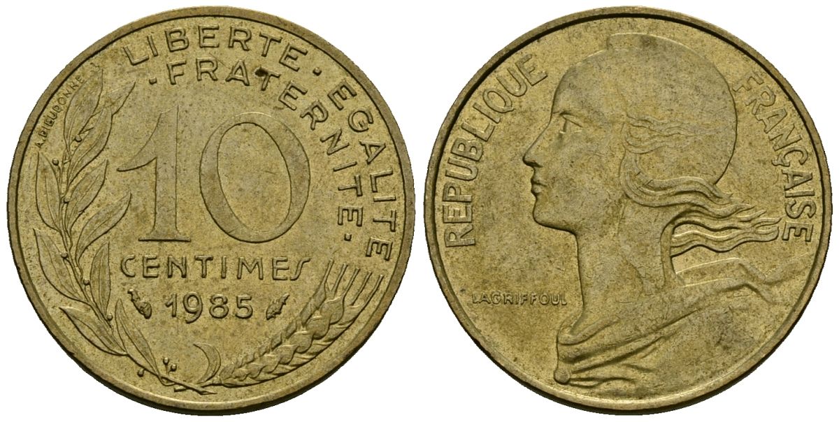Франция 10 сантимов 1985 тип Марианна KM 929, LE FRANC 144.25 медь алюминий никель 4136-425