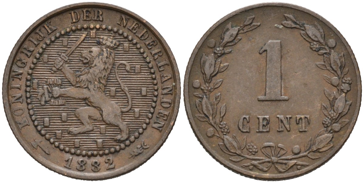 Нидерланды 1 цент 1882 Виллем III (1849-1890) KM 107 бронза 4576-567