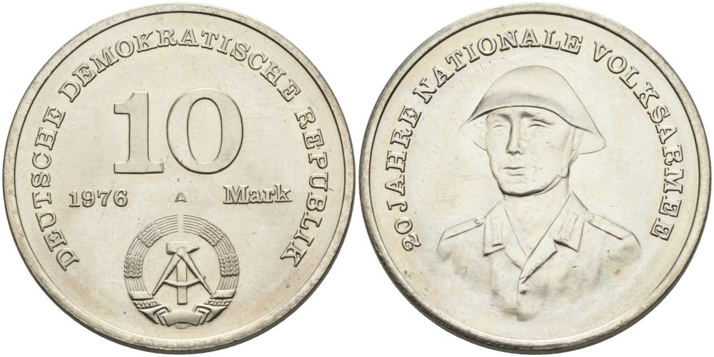 ГДР 10 марок 1976 А, 20 лет национальной народной армии KM 61, J. 1560 медь никель цинк UNC 4574-736