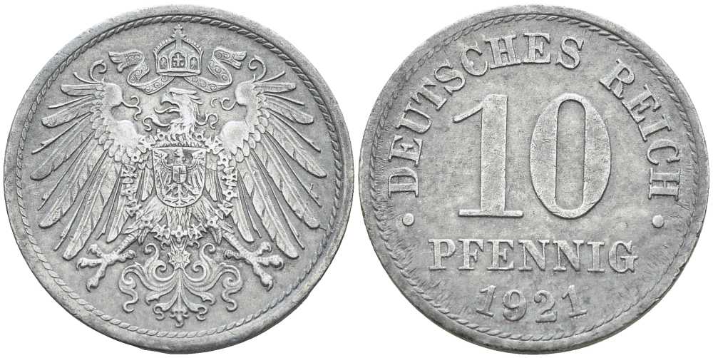 ГЕРМАНИЯ 10 ПФЕННИГОВ 1921 KM 26, J. 299 цинк 4401-155