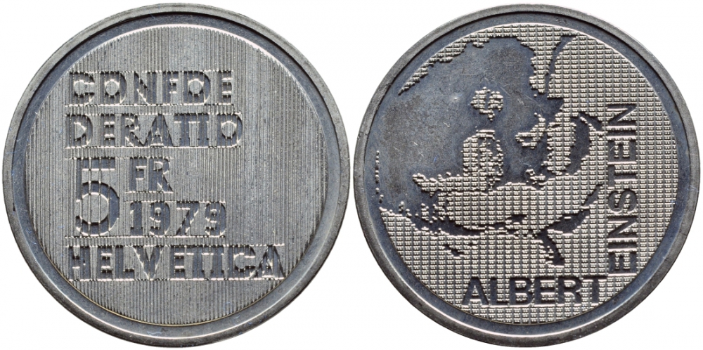 ШВЕЙЦАРИЯ 5 ФРАНКОВ 1979 100 ЛЕТ СО ДНЯ РОЖДЕНИЯ АЛЬБЕРТА ЭЙНШТЕЙНА KM 57 медно-никель UNC 443-135