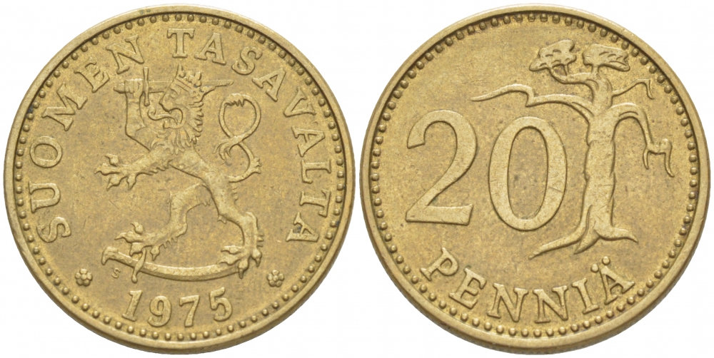 ФИНЛЯНДИЯ 20 ПЕННИ 1975 S KM 47 алюминиевая бронза 3718-1255