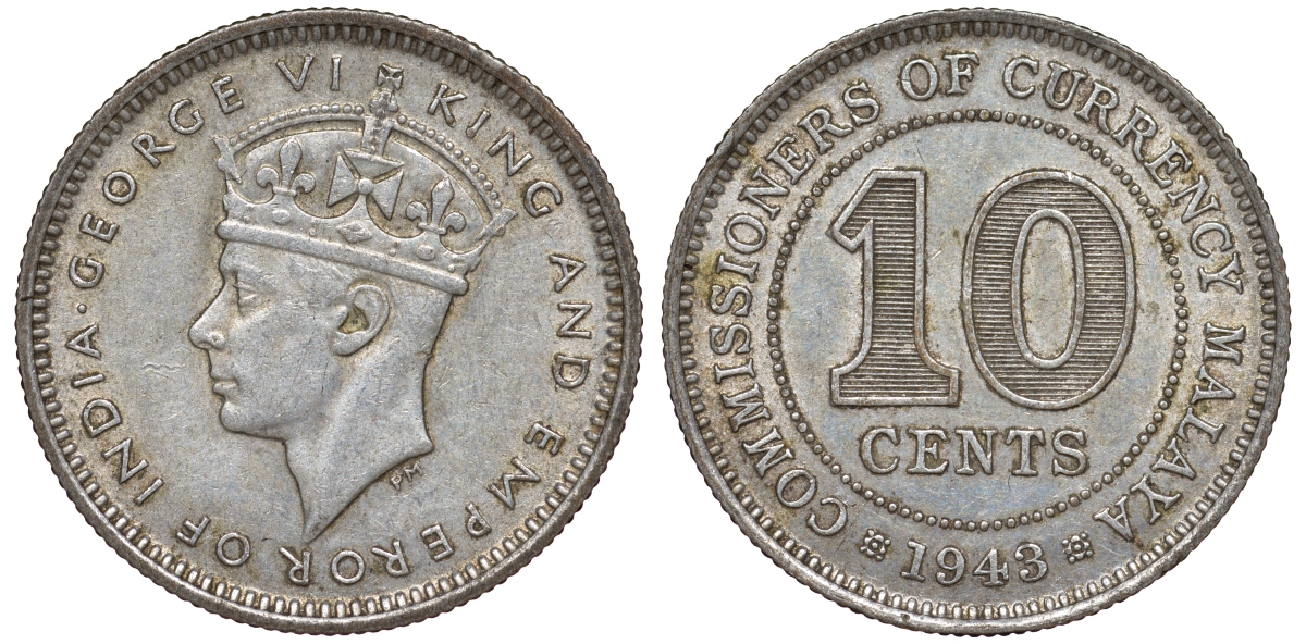 Британская Малайя 10 центов 1943 Георг VI (1937-1952) KM 4a серебро 53-223