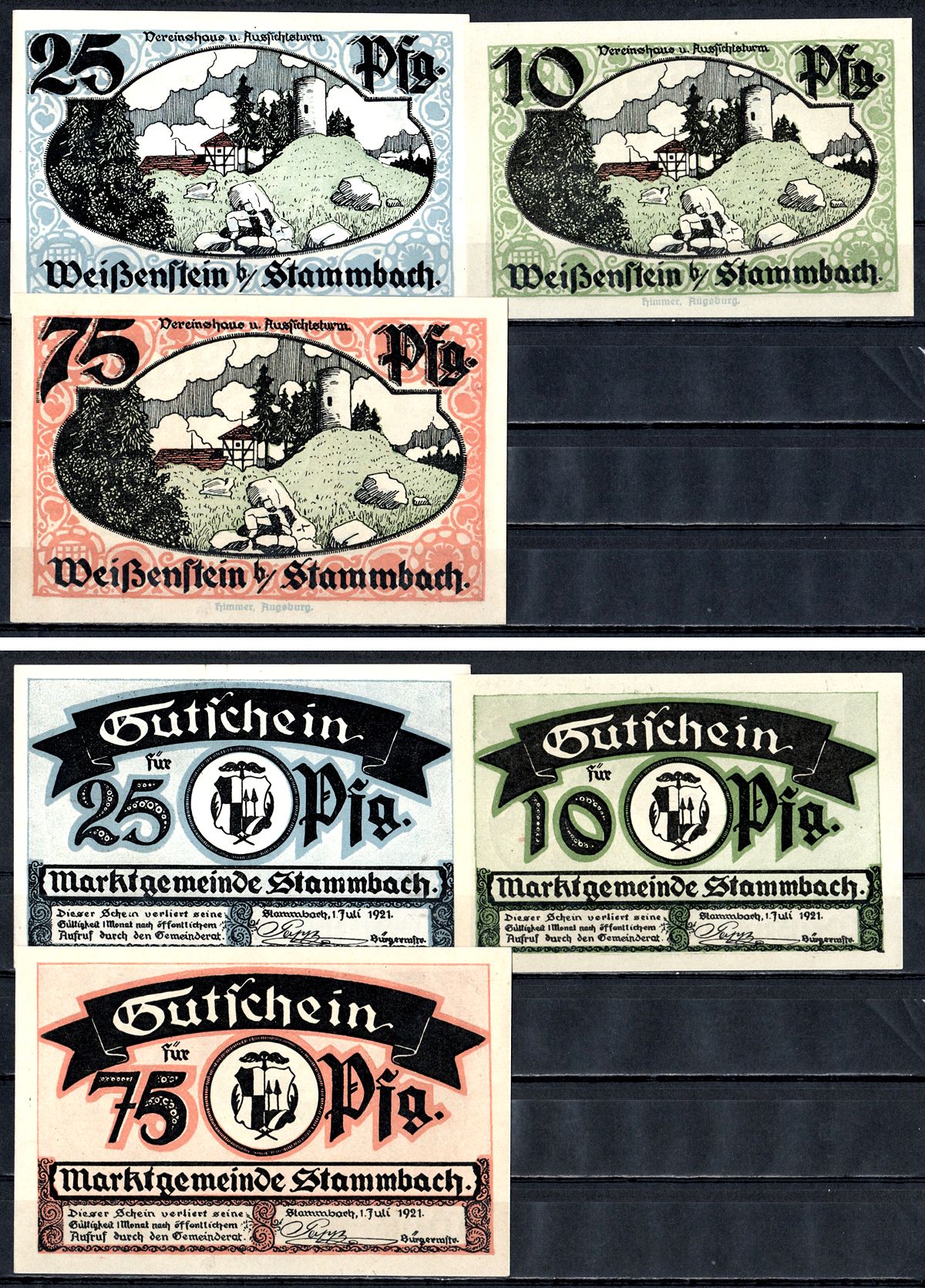Штаммбах (Бавария) полный набор из 3 нотгельдов (10, 25 и 75 пфеннигов) 1921 Mehl Grabowski 1252.1 бумага UNC (пресс) 7556-65-2-1