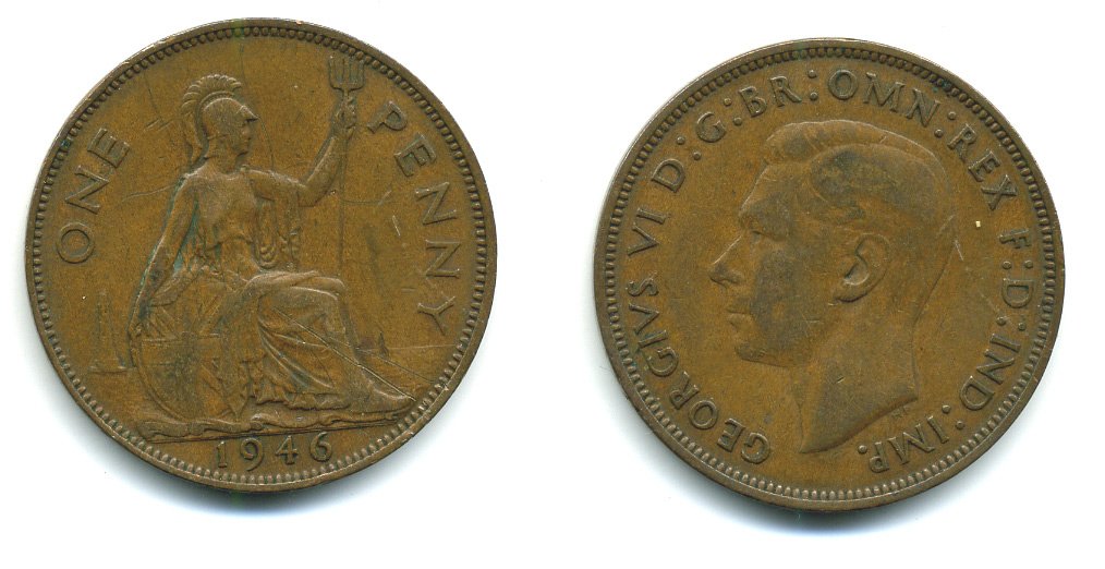Великобритания 1 пенни 1946 Георг VI (1936-1952) KM 845, Spink 4114 бронза 540-642