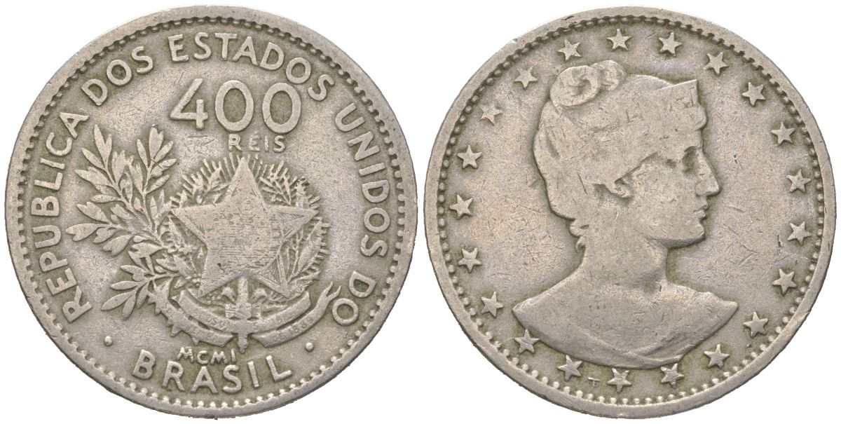 Бразилия 400 реалов 1901 MCMI, голова свободы вправо KM 505 медно-никель 4612-512