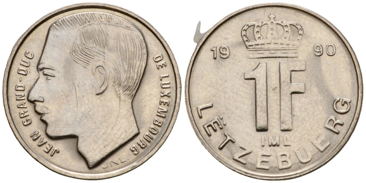 Люксембург 1 франк 1990 Герцог Жан (1964-1999) KM 63 сталь плакированная никелем 4602-155