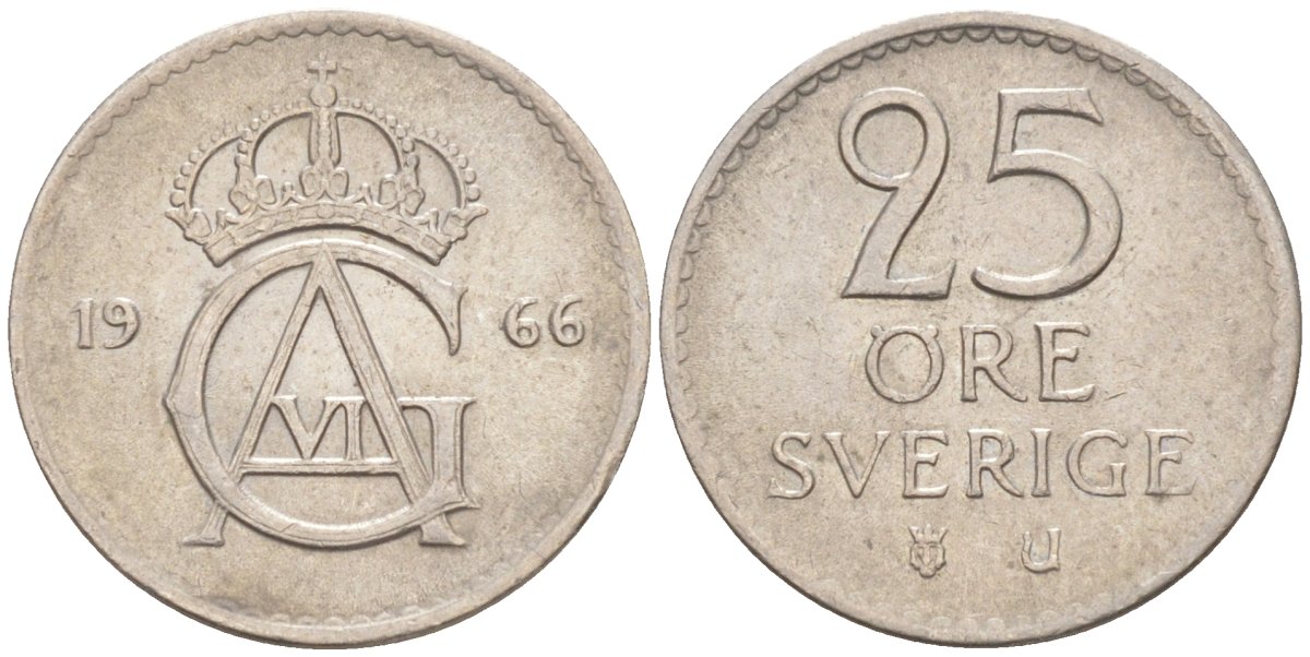 Швеция 25 эре 1966 U, Густав VI Адольф (1950-1973) KM 836 медно-никель 187-513