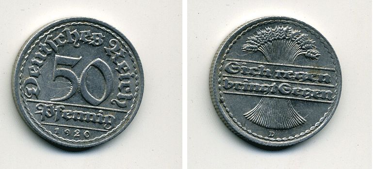 ГЕРМАНИЯ 50 ПФЕННИГОВ 1920 D KM 27, J. 301 алюминий 41-731