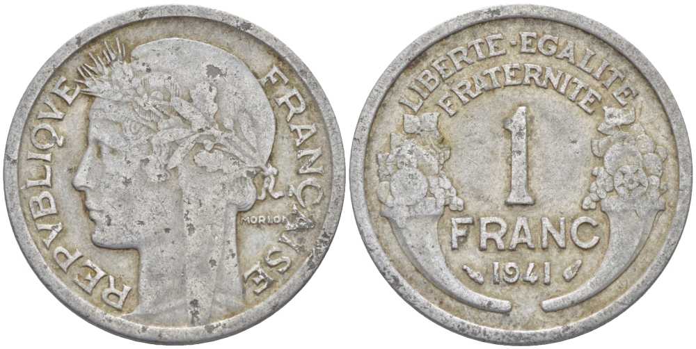 ФРАНЦИЯ 1 ФРАНК 1941 ТИП MORLON, LEGERE KM 885a.1, LE FRANC 221.2 алюминий 4390-1223