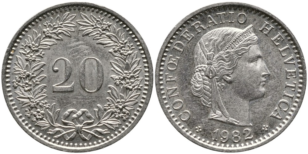 Швейцария 20 раппенов 1982 KM 29а медно-никель 4539-632