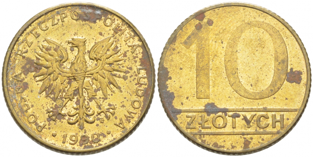 Польша 10 злотых 1990 MW, Народная Республика KM 152.2, Parchimowicz 244b латунь 77-444