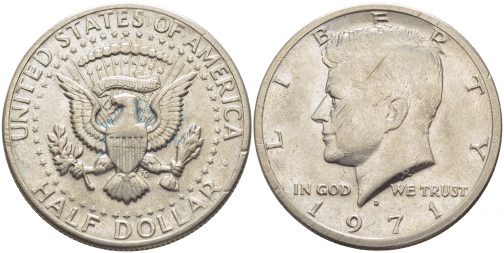 США 1/2 доллара (50 центов) 1971 D, Джон Кеннеди KM 202b медь плакированная медно-никелем 109-742